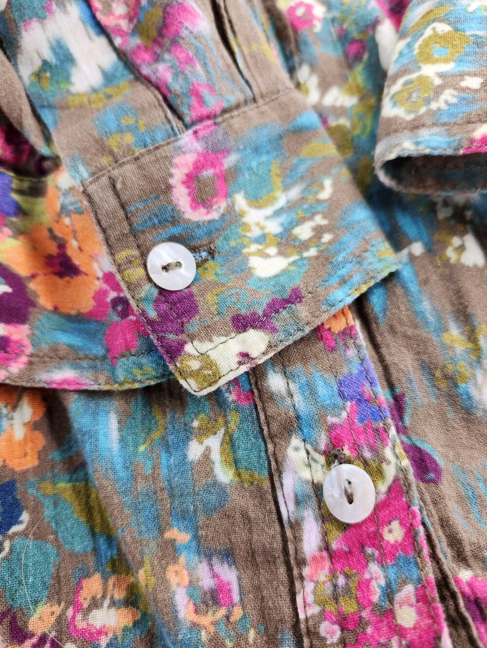 Sundance Olive Floral Joy 100% Cotton Lighweight Long Sleeve Button Down Blouse - Picture 7 of 11